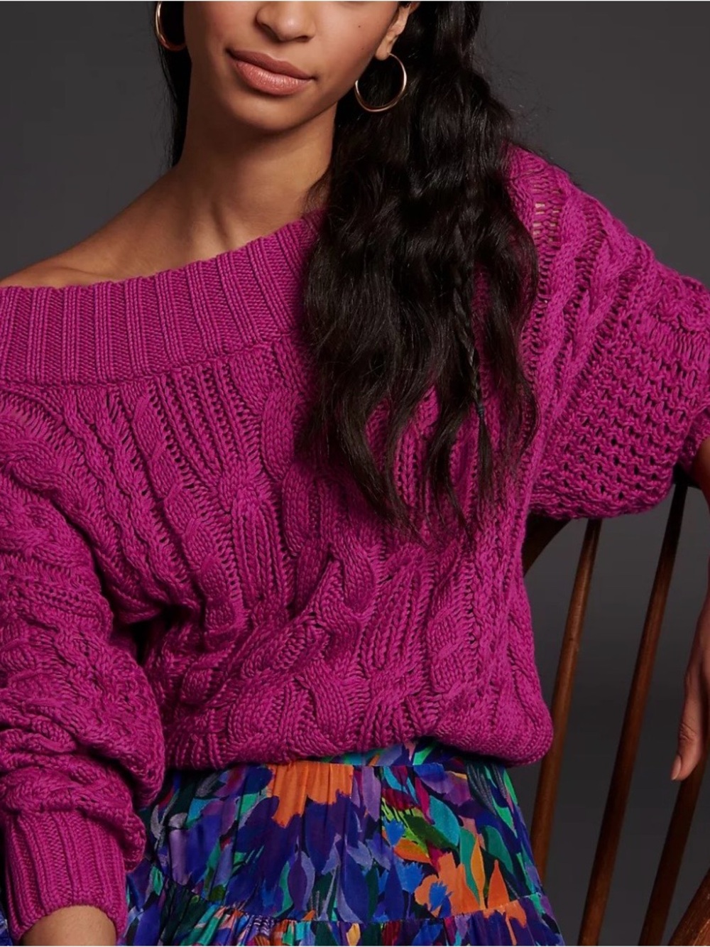 Anthropologie Bella Cable-Knit Sweater off shoulder cotton magenta small